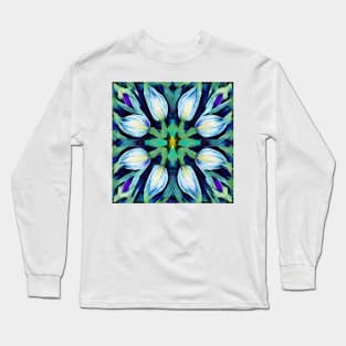 Folk Art Blue Green White Tulips Repeating Tile Pattern Long Sleeve T-Shirt